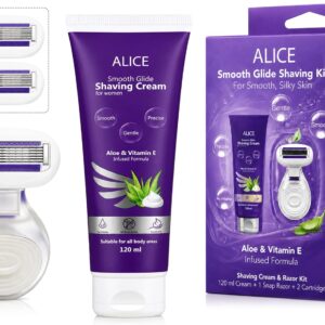 Alice - Smooth Glide Shaving Kit, Includes Snap Razor Shaving Cream, 2 Replacement Cartridges, Infused Formula With Aloe & Vitamin E, For Smooth Silky Skin, Suitable for All Body Areas