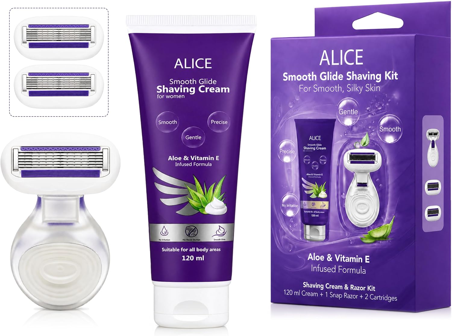 Alice - Smooth Glide Shaving Kit, Includes Snap Razor Shaving Cream, 2 Replacement Cartridges, Infused Formula With Aloe & Vitamin E, For Smooth Silky Skin, Suitable for All Body Areas