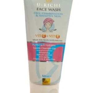 U-RICHI FACE WASH OILY, COMINATION & SENSITIVE SKIN VIT C + VIT E 50ML